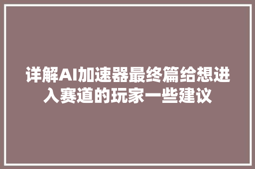 详解AI加速器最终篇给想进入赛道的玩家一些建议