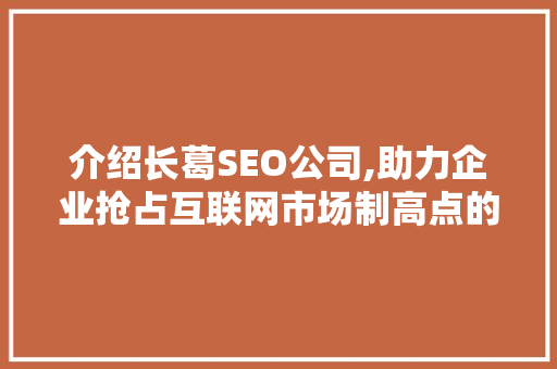 介绍长葛SEO公司,助力企业抢占互联网市场制高点的秘密武器