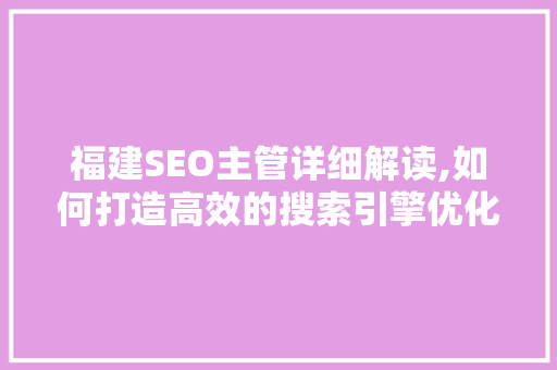 福建SEO主管详细解读,如何打造高效的搜索引擎优化步骤