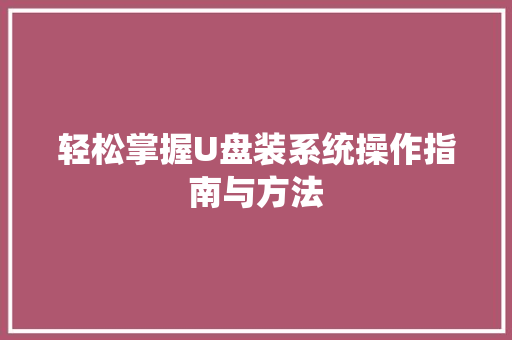 轻松掌握U盘装系统操作指南与方法