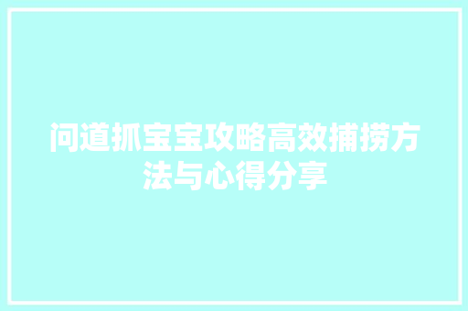 问道抓宝宝攻略高效捕捞方法与心得分享