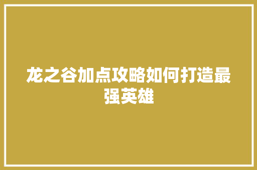 龙之谷加点攻略如何打造最强英雄