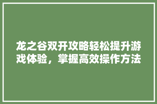 龙之谷双开攻略轻松提升游戏体验，掌握高效操作方法