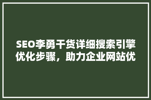 SEO李勇干货详细搜索引擎优化步骤，助力企业网站优化升级