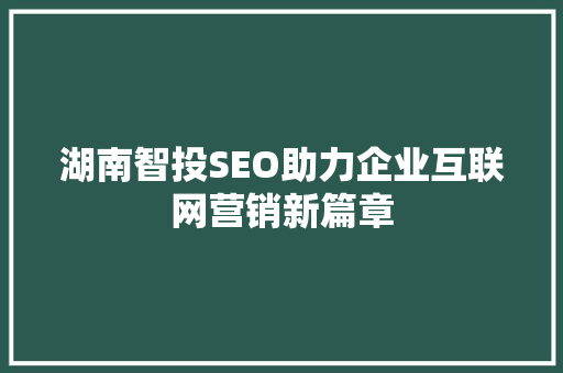 湖南智投SEO助力企业互联网营销新篇章