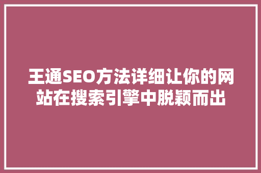 王通SEO方法详细让你的网站在搜索引擎中脱颖而出