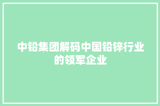 中铅集团解码中国铅锌行业的领军企业